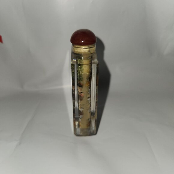 Hand-Painted Asian Scene Glass Snuff Bottle With Red Cap - Picture 7 of 8